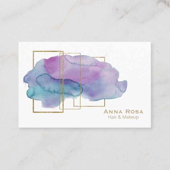 *~* Gold Chic Geometric Magenta Purple Watercolor Business Card (Front)