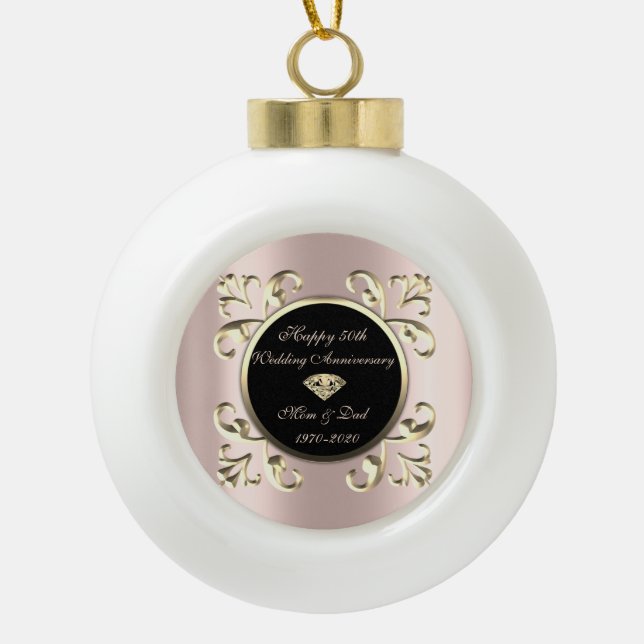 Gold Chic Rose Gold 50th Wedding Anniversary Ceramic Ball Christmas Ornament (Front)