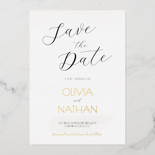 Gold Chic Script Wedding Save the Date Card (Front)