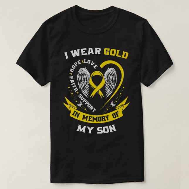 Gold Childhood Cancer Awareness Mum Dad In Memory  T-Shirt (Design Front)