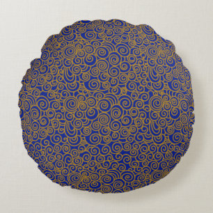 Gold Chinese Auspicious Clouds Pattern on Indigo Round Cushion