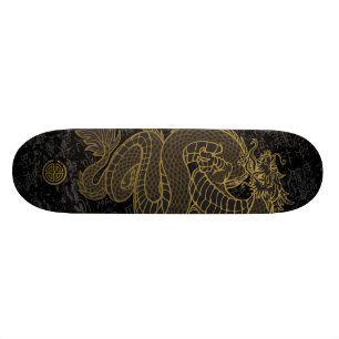 Gold Chinese Dragon on Black Skateboard