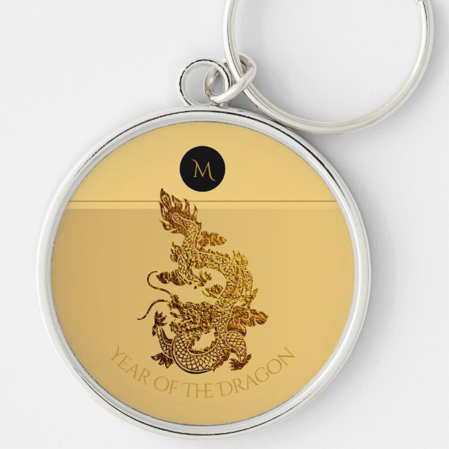 Gold Chinese Dragon Papercut Monogram Birthday RK Key Ring (Front)