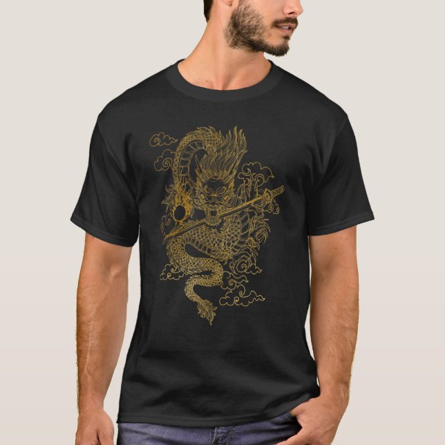 Gold Chinese Dragon with Black Background T-Shirt (Front)