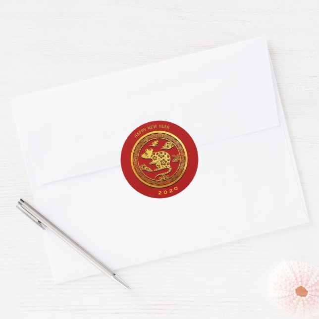 Gold Chinese Paper-cut Rat Year Choose Colour RS Classic Round Sticker (Envelope)