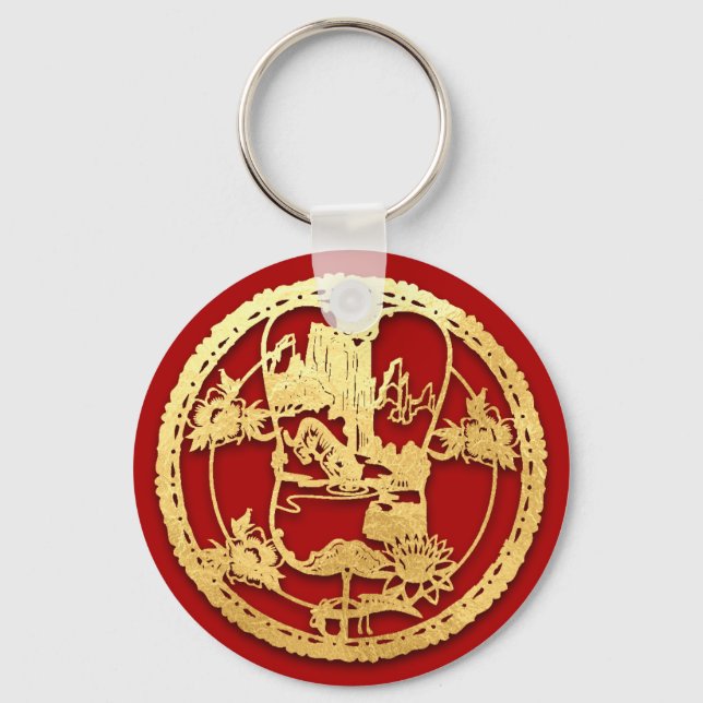 Gold Chinese Paper-cut Tiger Year Choose Colour K0 Key Ring (Front)