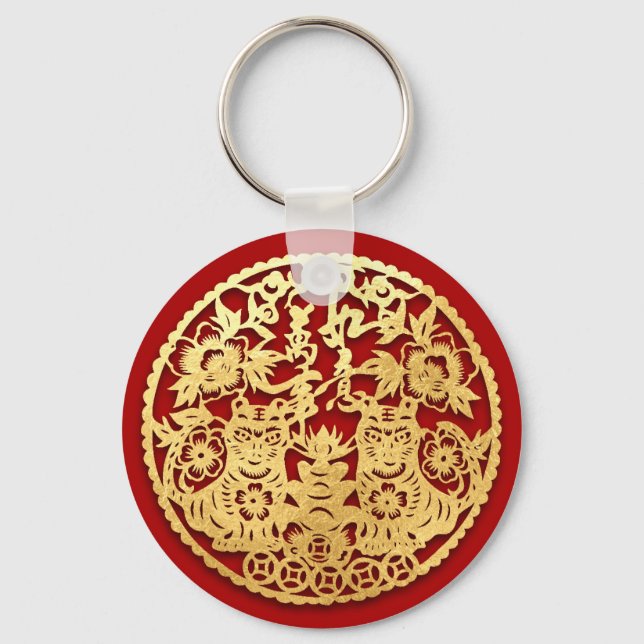 Gold Chinese Paper-cut Tiger Year Choose Colour K0 Key Ring (Front)