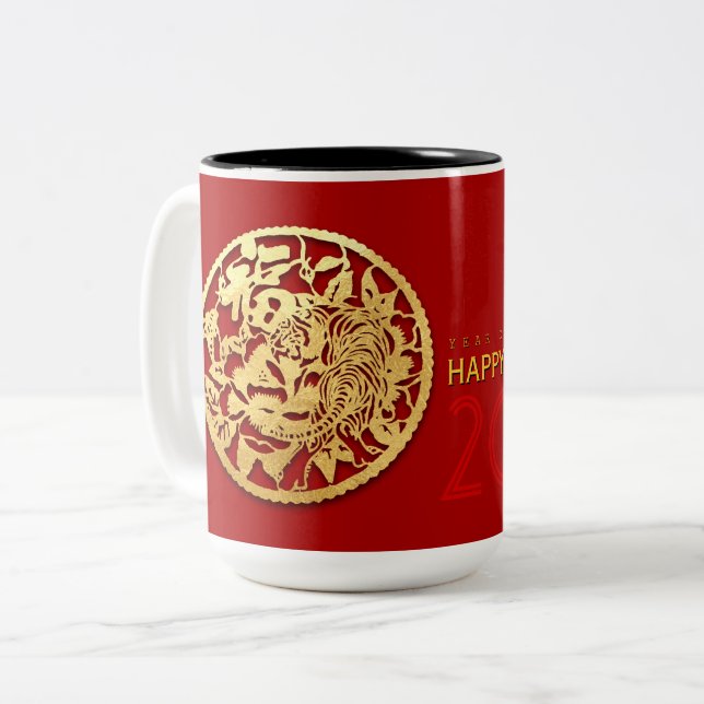Gold Chinese Paper-cut Tiger Year Choose Colour L1 Two-Tone Coffee Mug (Front Left)