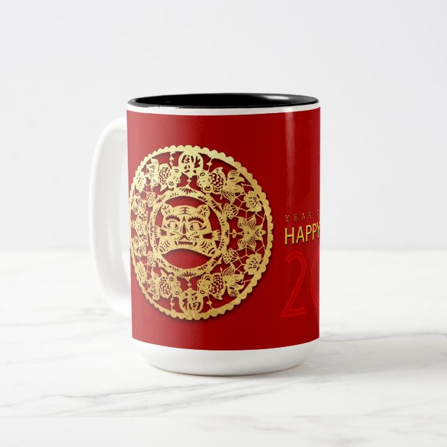 Gold Chinese Paper-cut Tiger Year Choose Colour LM Two-Tone Coffee Mug (Front Left)
