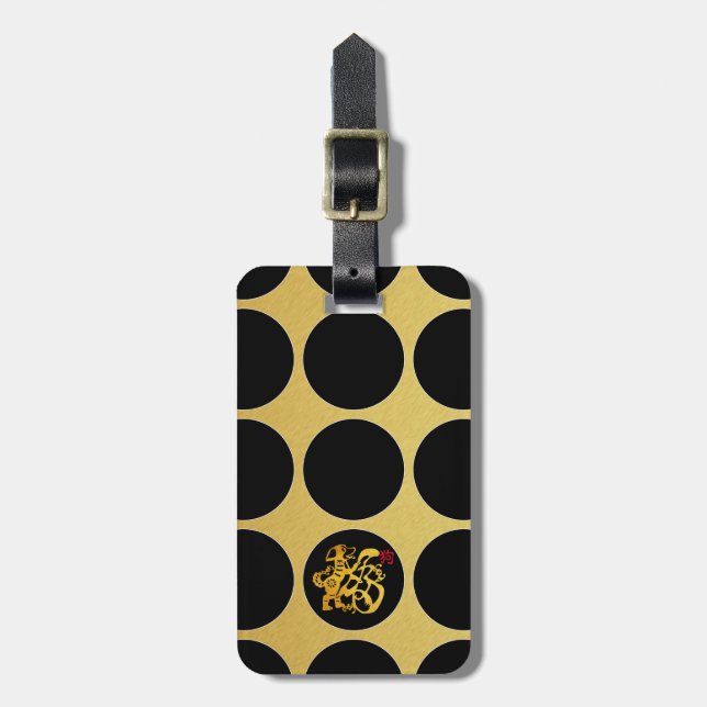 Gold Chinese Papercut Black Dots G Luggage Tag (Front Vertical)