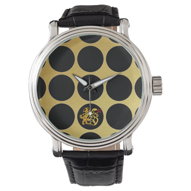 Gold Chinese Papercut Dog Black Dots G Watch (Front)