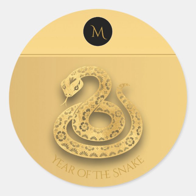 Gold Chinese Snake Papercut Monogram Birthday St Classic Round Sticker (Front)