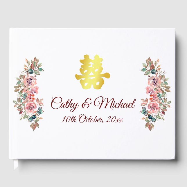 Gold Chinese wedding double happiness floral  Guest Book (Front)