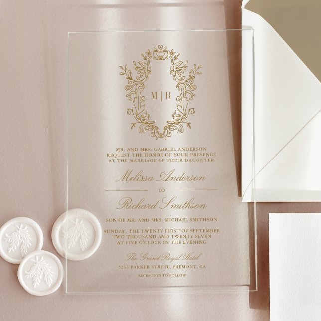 Gold Chinoiserie Crest Monogram Wedding Acrylic Invitations (Creator Uploaded)