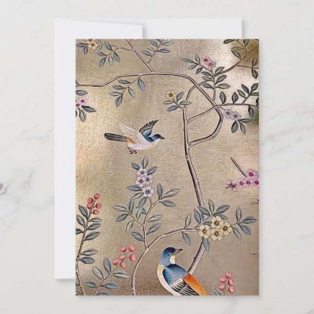 Gold Chinoiserie with Song Birds and Blossoms Invitation (Front)
