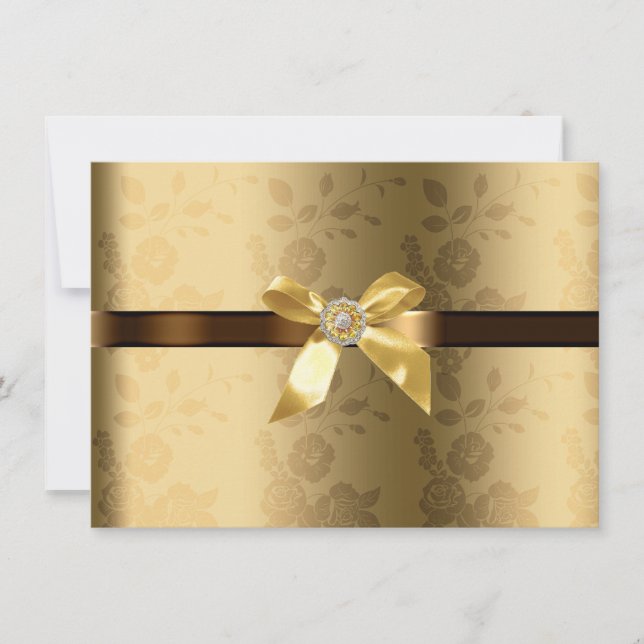 Gold & Chocolate Brown Gold Bow and Sparkle Invitation (Front)