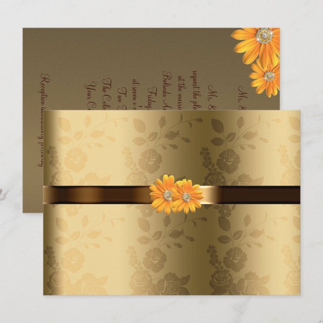 Gold & Chocolate Brown, Yellow Flowers Wedding Invitation (Front/Back)