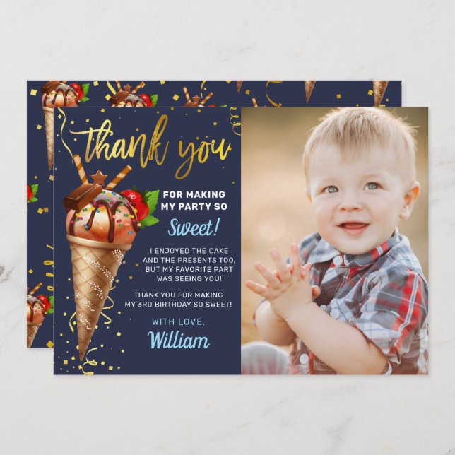 Gold Chocolate Ice Cream Birthday Navy Blue Photo Thank You Card (Front/Back)