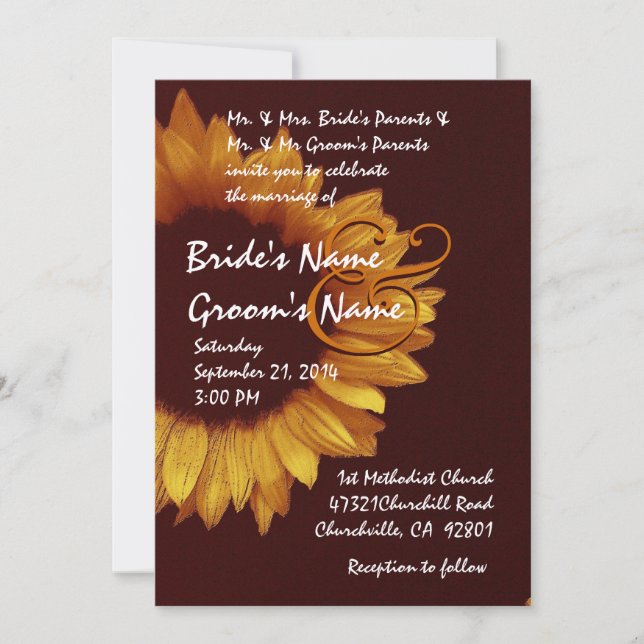 Gold Chocolate Sunflower Wedding Premium Metallic Invitation (Front)