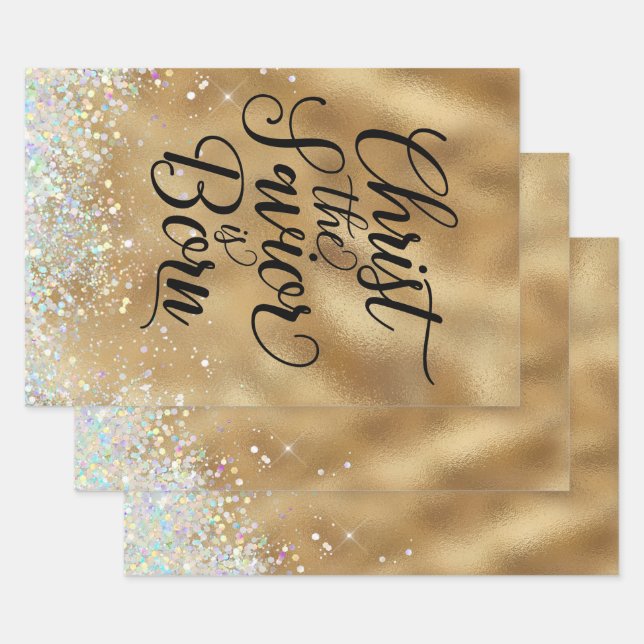 Gold Christ the Saviour Christian Christmas  Wrapping Paper Sheet (Set)