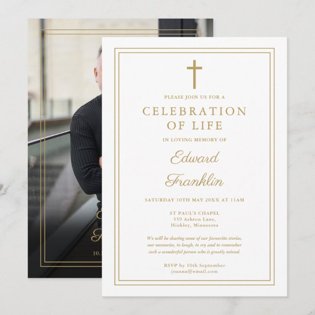 Gold Christian Celebration Of Life Funeral Photo Invitation (Front/Back)
