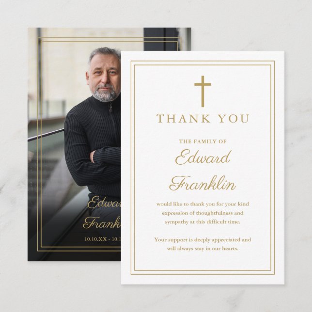 Gold Christian Celebration Of Life Funeral Photo Thank You Card (Front/Back)