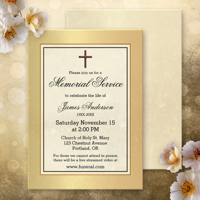 Gold Christian Classic Funeral Memorial Service Invitation (Memorial, funeral service or celebration of life invitation featuring a a classic Christian design)