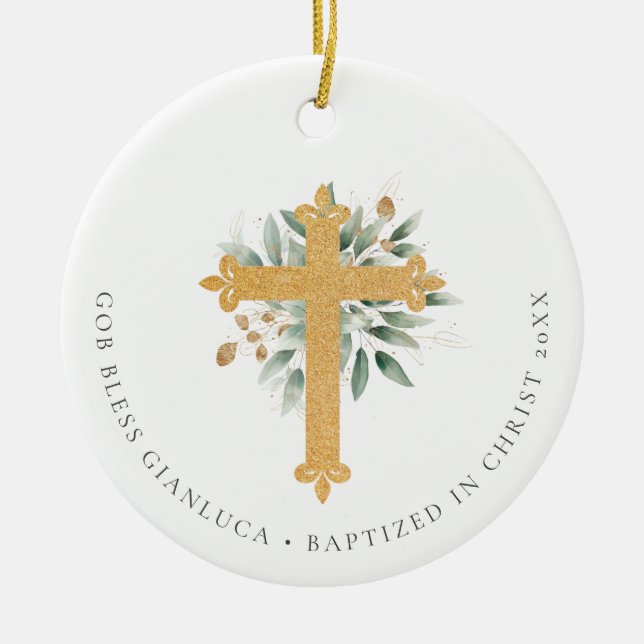 Gold Christian Cross Greenery Photo Baptism Gift Ceramic Tree Decoration (Front)