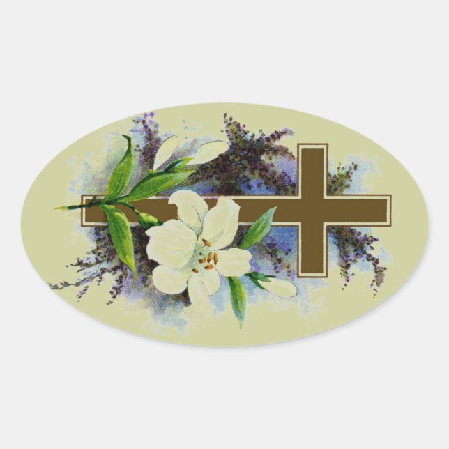 Gold Christian Cross Oval Sticker (Front)