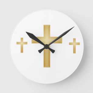 Gold Christian Cross Round Clock