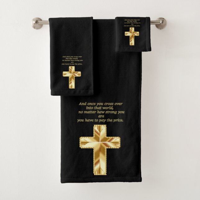 Gold Christian Crucifix Cross with funny saying Bath Towel Set (Insitu)