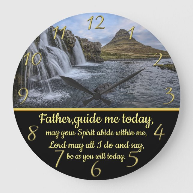 Gold Christian Faith cross with a yellow waterfall Large Clock (Front)