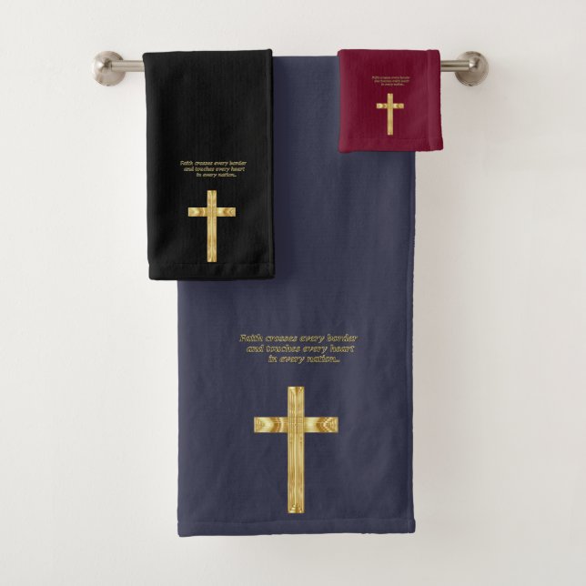 Gold Christian Faith cross with funny saying Bath Towel Set (Insitu)