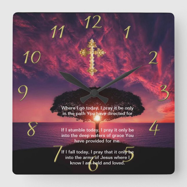 Gold Christian Faith cross with Where I go today,  Square Wall Clock (Front)