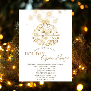 Gold Christmas Ball Sparkle Holiday Open House Invitation