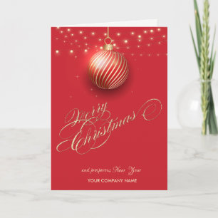 Gold Christmas Ball,String Lights Red Corporate Holiday Card