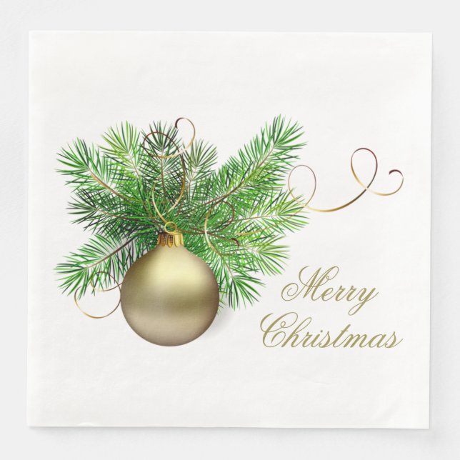Gold Christmas Ball with Pine Paper Dinner Napkins (Front)