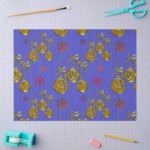 Gold Christmas Baubles on Blue Christmas Tissue Paper