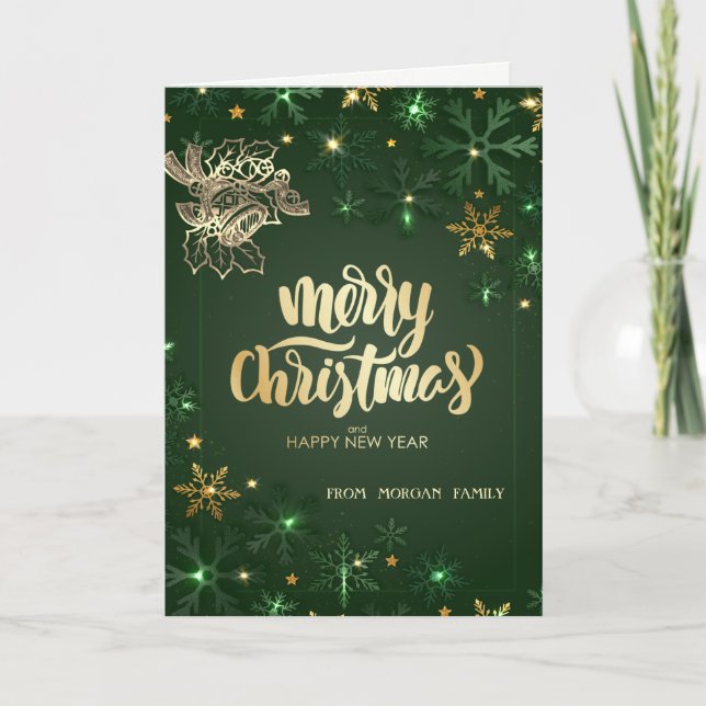 Gold Christmas Bell,Green Snowflakes  Holiday Card (Front)