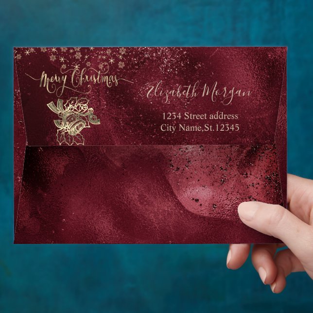  Gold Christmas Bell Snowflakes Dark Red Christmas Envelope (Hand)