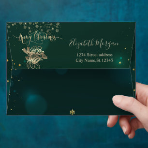 Gold Christmas Bell Snowflakes Green Christmas Envelope