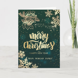 Gold Christmas Bell,Snowflakes Green Holiday Card