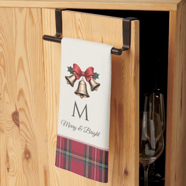 Gold Christmas Bells Customised Monogram Christmas Tea Towel (Thirds Fold)