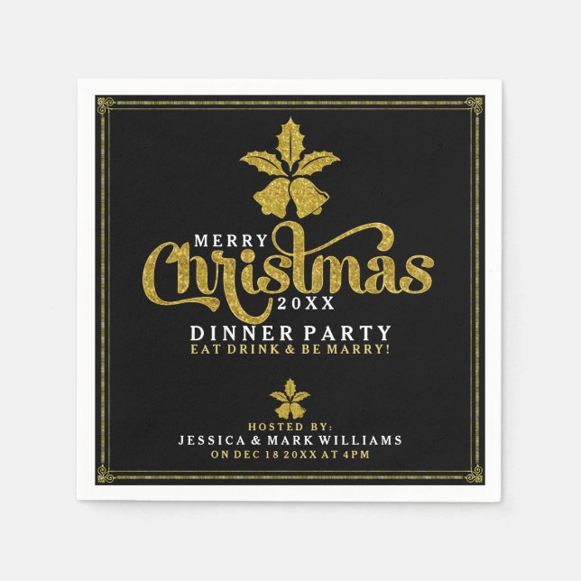 Gold Christmas Bells Dinner Party Design Napkin (Front)