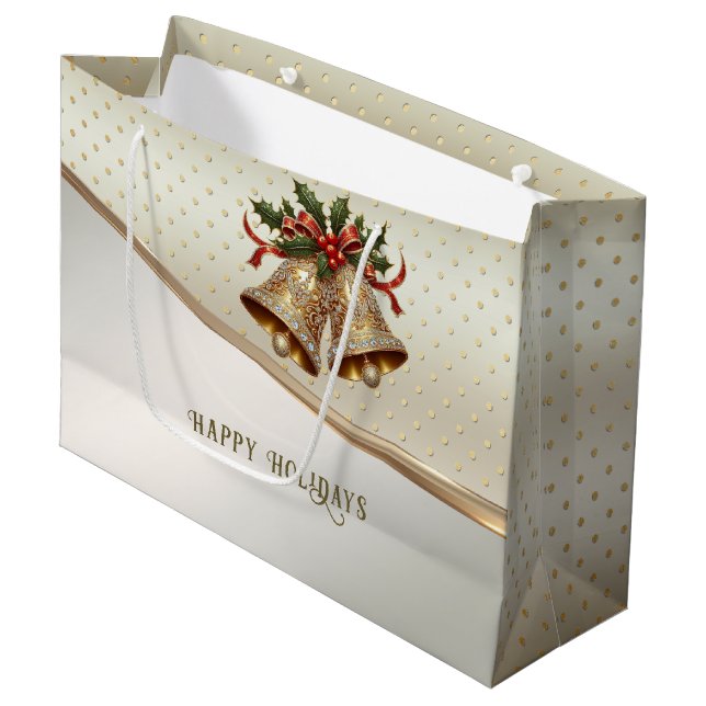 Gold Christmas Bells Holiday Gift Bag (Front Angled)
