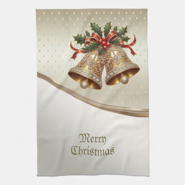 Gold Christmas Bells Holiday Kitchen Towel (Vertical)