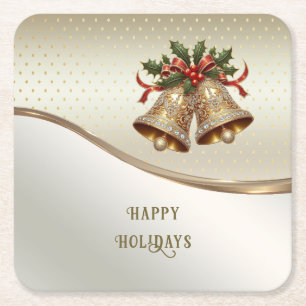 Gold Christmas Bells Holiday Paper Coaster