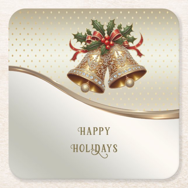 Gold Christmas Bells Holiday Paper Coaster (Front)