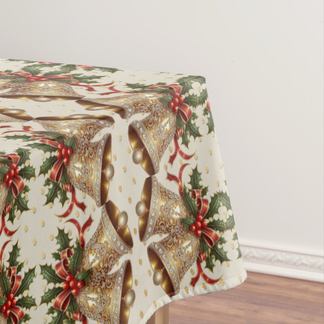 Gold Christmas Bells Holiday Tablecloth (In Situ)