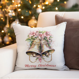 Gold Christmas Bells Pink Flowers Cushion
